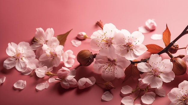 Kirschblütenblätter und -zweig isoliert auf rosa Hintergrund