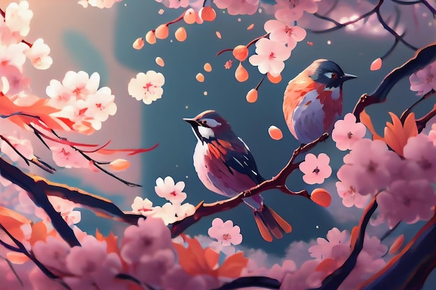 Kirschblütenhintergrund mit generativem ai der Vögel