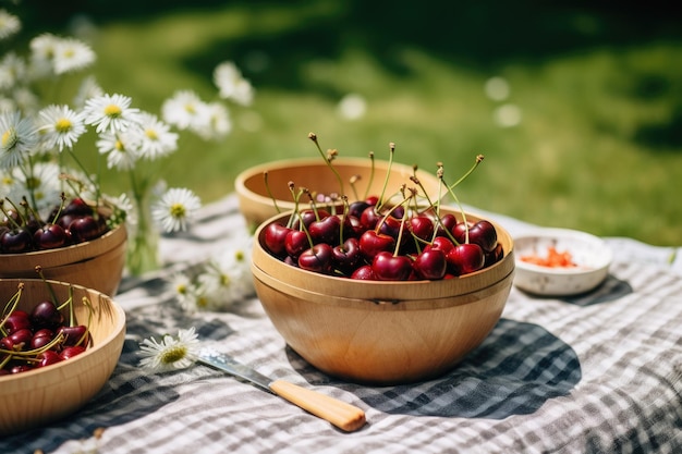 Kirschen in hölzernen Schüsseln auf Tischdecke mit Gänseblümchen Null Abfall Sommerpicknick auf der mit Kirschen in hölzernen Kokosnussschüsseln AI generiert