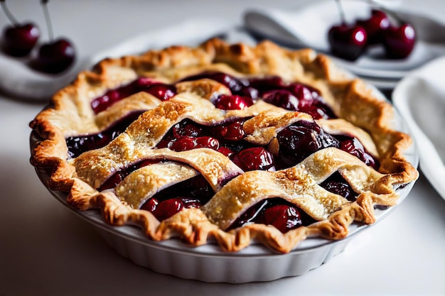 Kirschkuchen mit Weidendekor auf köstlicher Marmelade aus ganzen Kirschen