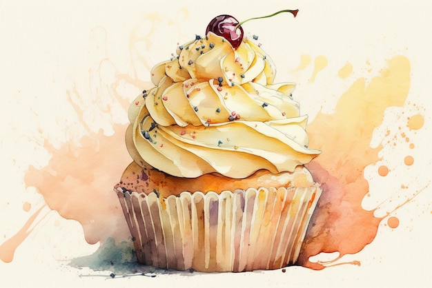 Kirschkuchen Süßes Dessert Cupcake Aquarellillustration Generative ai