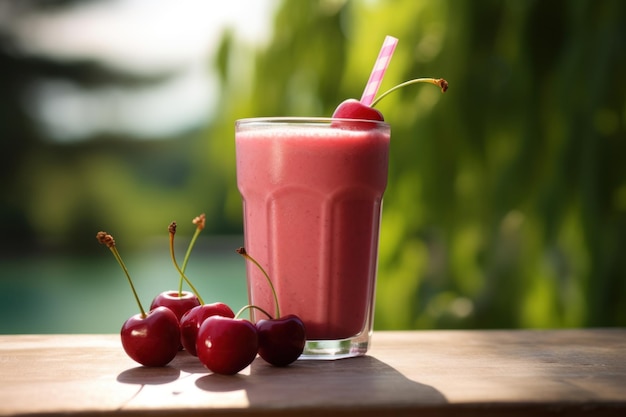 Kirschmilchshake mit Strohhalm auf einem Holztisch im Freien