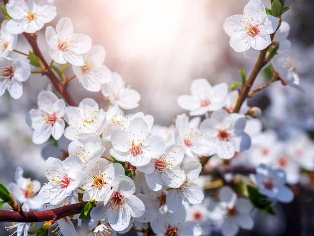 Kirschpflaumenblüten Ein Kirschpflaumenzweig mit weißen Blüten an einem sonnigen Tag