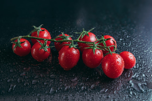 Kirschtomaten bedeckt von Wassertropfen isoliert auf Schwarzraum