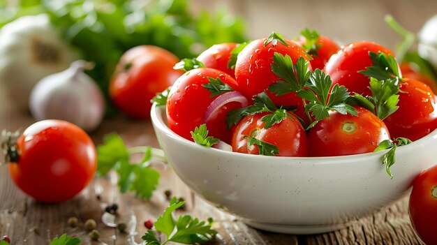 Kirschtomaten mit Petersilie in einer Schüssel auf einem hölzernen Hintergrund