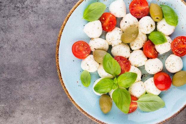 Kirschtomaten, Mozzarella, Basilikum und Gewürze auf grauer Schiefersteintafel. Italienische traditionelle Caprese-Salatzutaten. Mediterranes Essen.