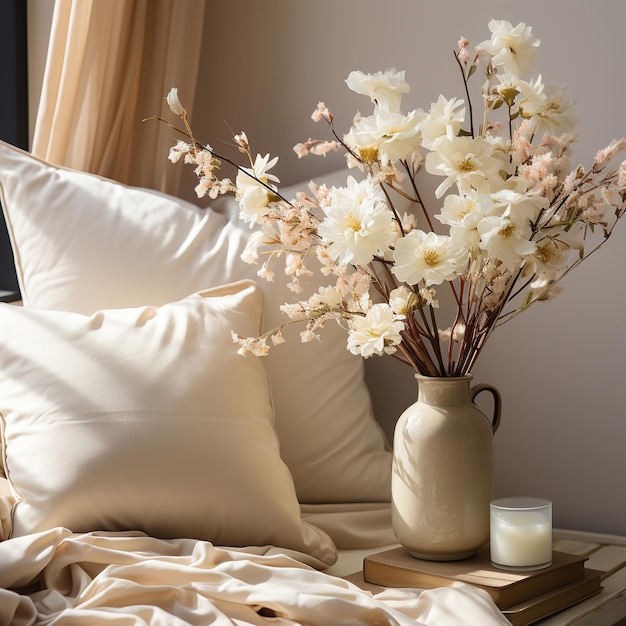 Kissen mit Leinenkissenbezügen auf dem Bett, weiße Blumen in einem modernen skandinavischen Vasenschlafzimmer