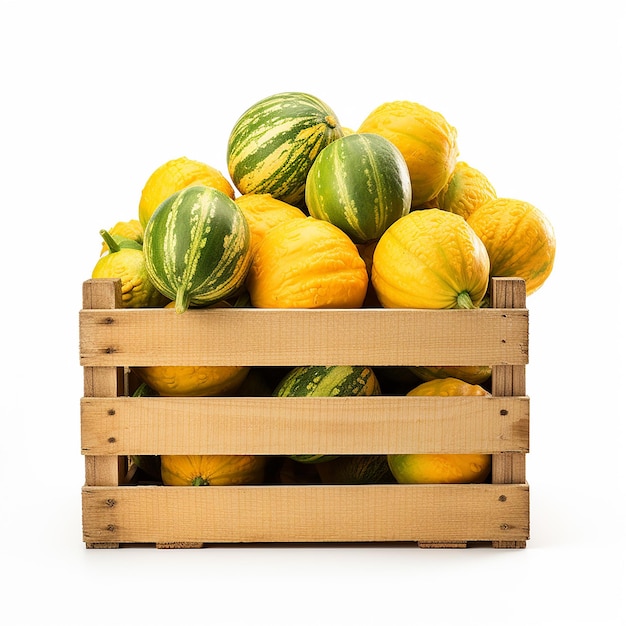 Kiste mit Melonen auf weißem Hintergrund