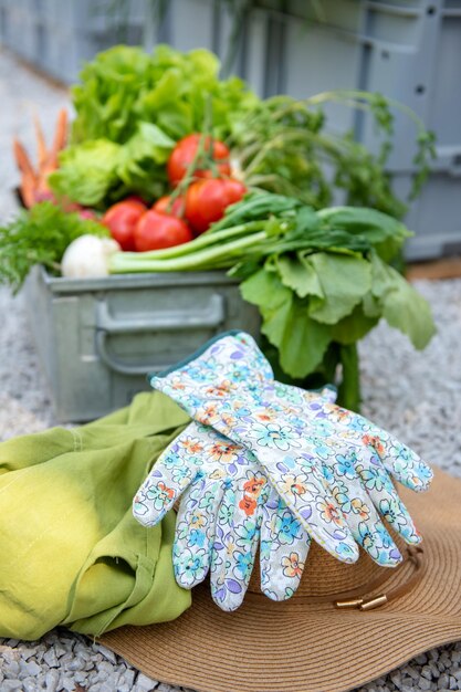 Foto kiste voller frisch geerntetem gemüse, strohhut und handschuhe in einem garten mit heimisch angebautem bio-produkt