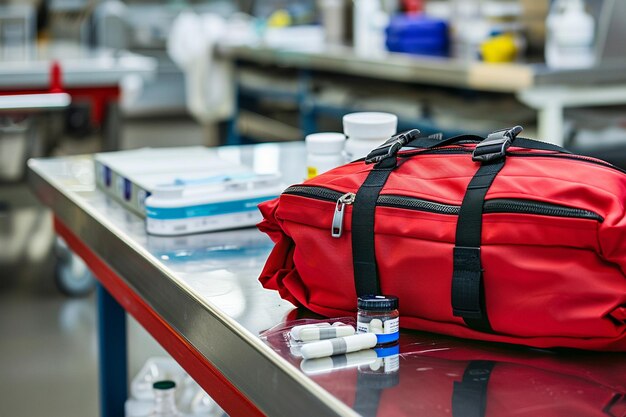 Kit de primeiros socorros saco vermelho com equipamento médico e medicamentos para tratamento de emergência