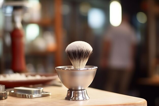 Foto kit de herramientas para barberos un elegante conjunto de pinceles y cuenco de afeitar en el ambiente de un salón de peluquería moderno para hombres