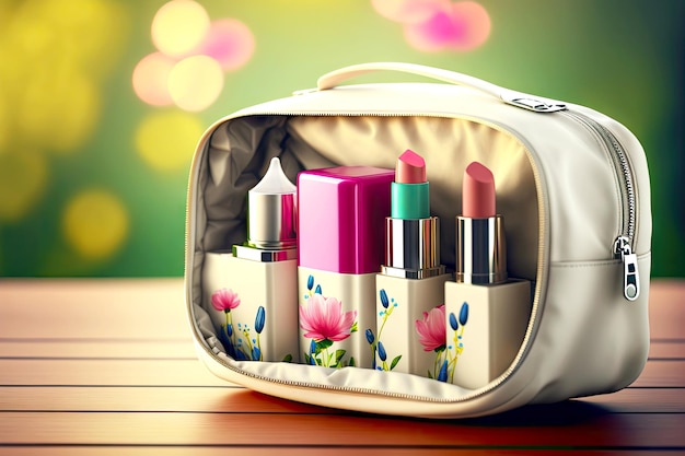 Kit de maquillaje de bolsa cosmética de lápiz labial de cosmética natural sobre fondo borroso