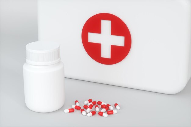 Kit médico e equipamento médico de emergência com fundo branco renderização em 3d