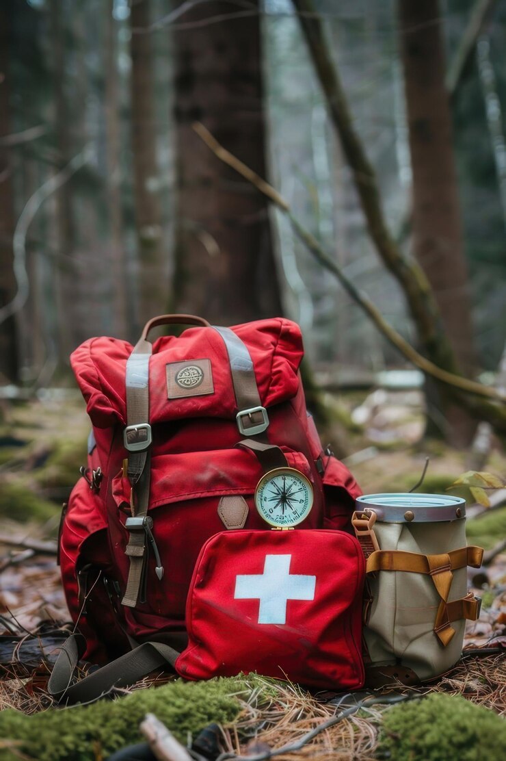 Kit médico de emergencia con una brújula de mochila roja y repelente de insectos en un entorno forestal