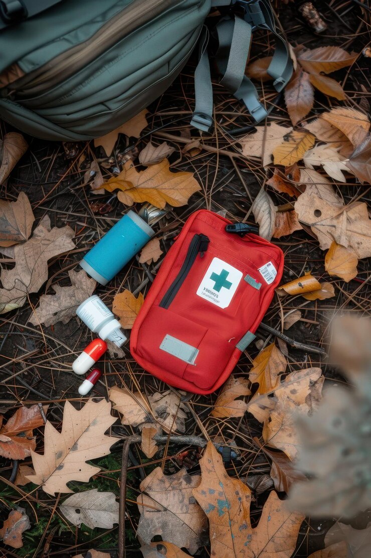 Kit médico de emergencia con una brújula de mochila roja y repelente de insectos en un entorno forestal