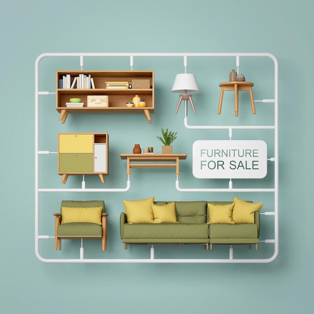 Kit de muebles con etiqueta Concepto para publicidad de muebles o decoración del hogar