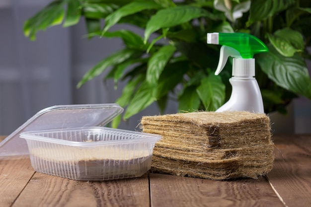 Kit para hidroponia e plantio de microgreens. tapetes de linho ou juta, recipientes de plástico e pulverizador