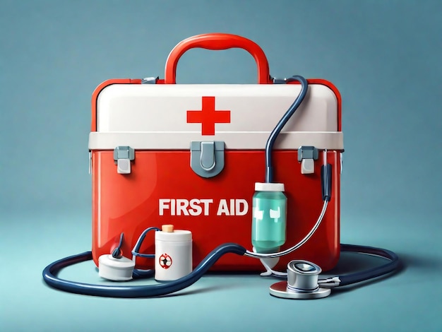 Kit de primeros auxilios con estetoscopio Bolsa de médicos roja con cruz blanca con reflejo Concepto de asistencia paramédica de atención médica de emergencia Elemento de diseño gráfico para volante de póster eb Ilustración 3D