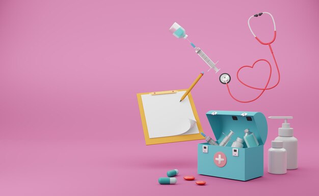 Foto kit de primeros auxilios con estetoscopio y jeringa en fondo rosa ilustración conceptual en 3d o renderización en 3d