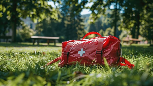 Foto kit de primeros auxilios rojo en el césped al aire libre