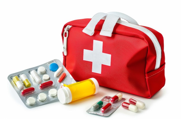 Kit de primeros auxilios de viaje con suministros médicos en fondo blanco