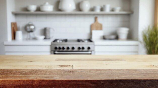 Kitchen wooden table top with blurred background