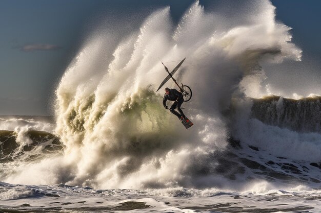 Foto kite-surfer, die luft in den wellen fangen