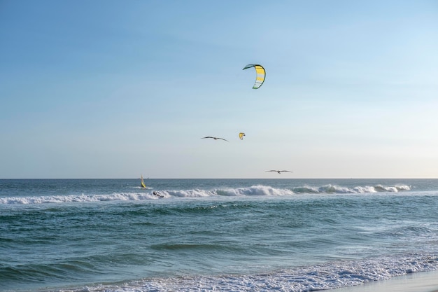 Kiteboarders e pássaros contra o céu azul na praia