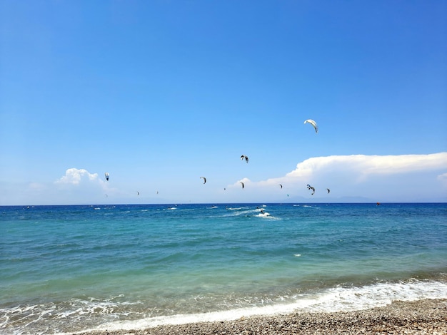 Los kitesurfistas atrapan el viento en Rhodos Grecia Mar Egeo Deporte acuático extremo