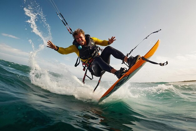 Kitesurfistas montando en las olas