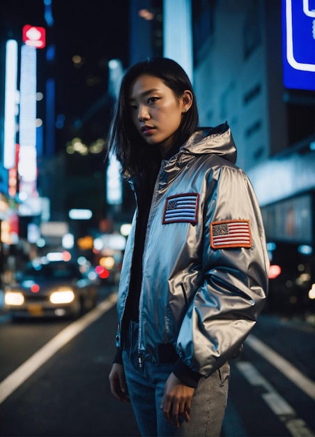 Foto kith jaqueta prateada bandeira americana patch futurista filmado em tóquio à noite filmado em leica moda po