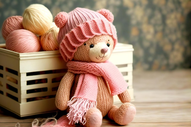 Kits lindos juguetes de punto pequeño oso de peluche de heno en sombrero rosa y bufanda