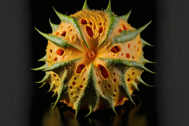 Kiwano oder eine gehörnte Melone auf schwarzem Schiefer