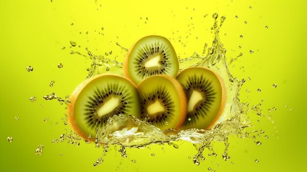 Kiwi caído na superfície da água amarela com fatia de kiwi e salpico de água IA geradora