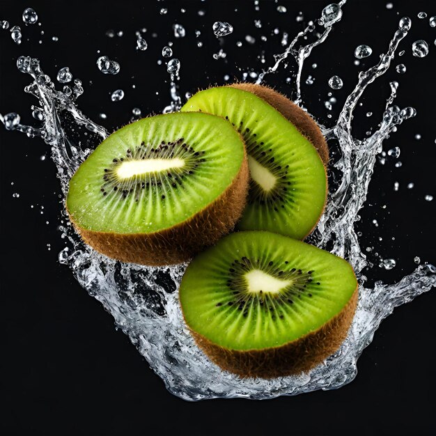 Foto kiwi cerca cayendo y salpicando agua negra concepto de fondo