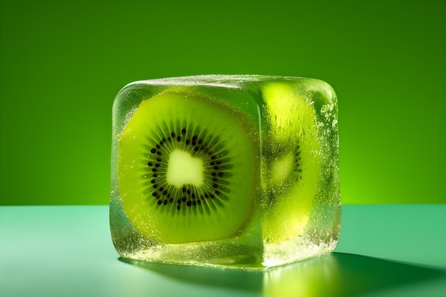 un kiwi en un cubo de hielo