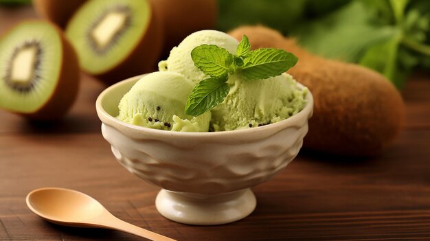 Kiwi-Eis mit Minze und frischen Kiwis