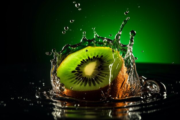 Un kiwi está cayendo en un chapoteo de agua.