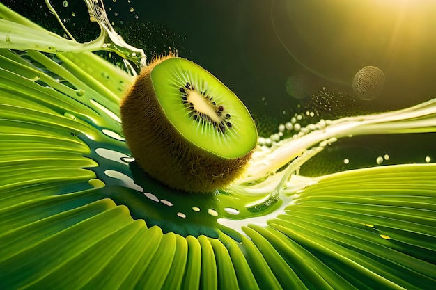 Un kiwi está rodeado por un chorrito de agua.