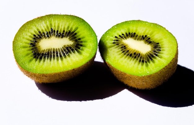 Kiwi fresco aberto ao meio sobre fundo branco e as sementes dentro da fruta