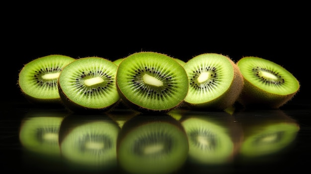 Foto kiwi fresco organizado contra um fundo preto elegante faça uso do amplo espaço de cópia para criar uma composição atraente que permita texto ou elementos de design