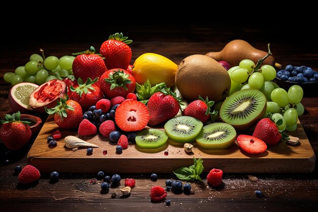 Foto kiwi-frucht auf einem schneidbrett mit anderen früchten um sie herum