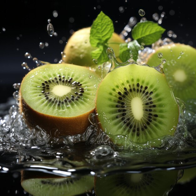 Kiwi fruta comida verde agua dulce rebanada saludable jugosa tropical aislado vitamina salpicadura