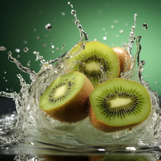 Kiwi fruta comida verde agua dulce rebanada saludable jugosa tropical aislado vitamina salpicadura