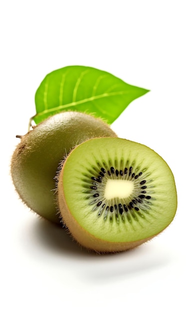 Kiwi con frutas de hoja sobre un fondo blanco