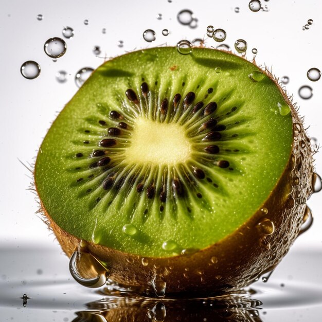 Un kiwi ha sido lavado y está cubierto de gotas de agua.