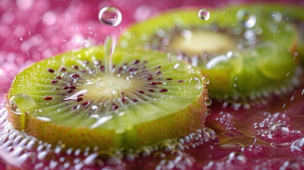 Kiwi jugoso cortado en pedazos jugo que fluye de él