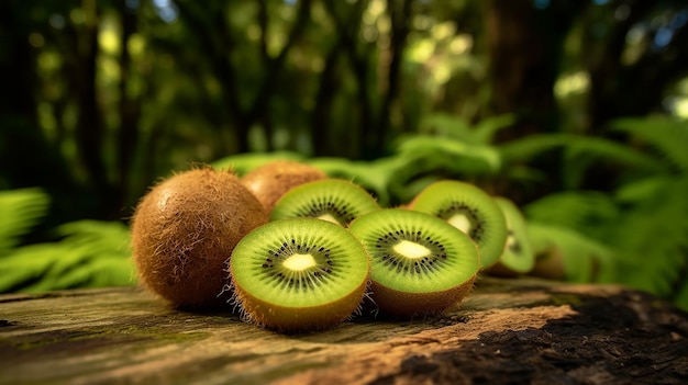 Kiwi en la madera del bosque tropical Enfoque selectivo