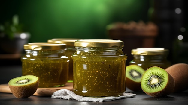 Kiwi-Marmelade in einem Glasgefäß Kiwi-marmelade auf einem hölzernen Hintergrund köstliche natürliche Marmelade