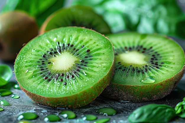 Kiwi a la mitad en la mesa